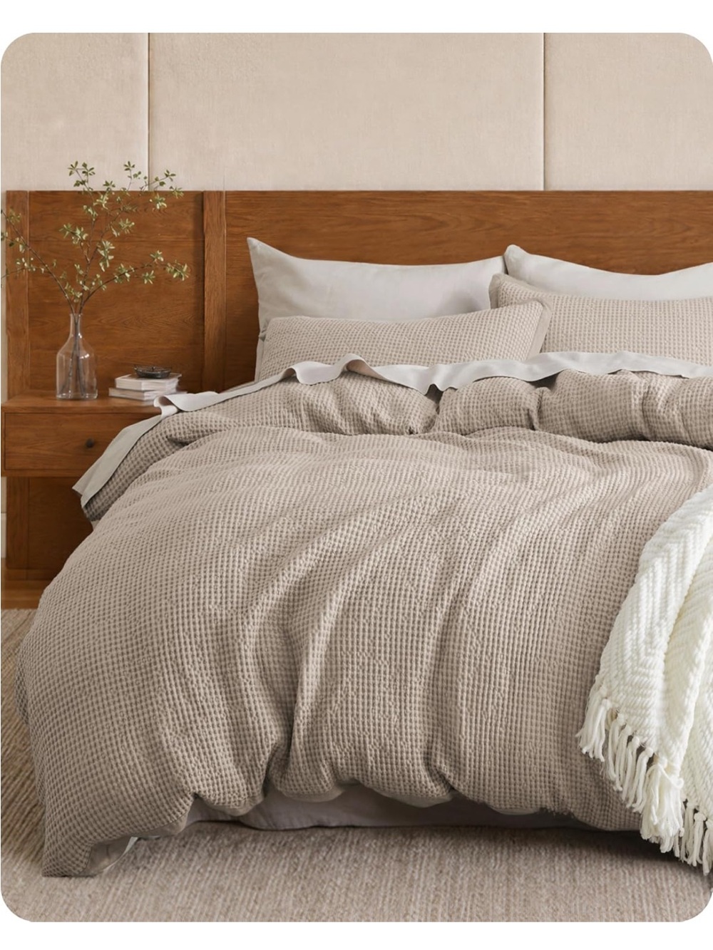 NEW Bedsure PureWoven 3 Pieces 100% Cotton Waffle Duvet Cover Set, Queen, Khaki